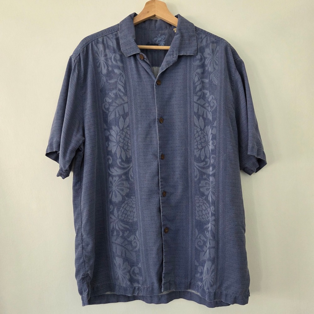 Tommy Bahama Mens Blue 100% Silk Embroidered Floral‎ Pineapple Camp Shirt Large